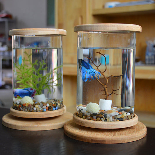 Lite kontor glass akvarium Bambus Base Mini Fisketank dekorasjon Fiskebolle