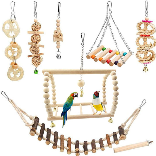 8 Pack Bird Toys for Parakeet Toys for Bird Cage Accessories Parakeets Swing Chewing Toys,  Wooden Bird Toys for Cage Parrots Toys, Bird Training Toys, Parrot Hanging Swing